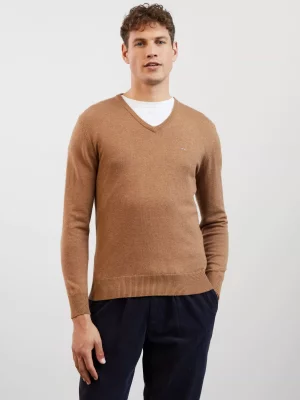 Pull Col V Laine & Coton Beige Moyen