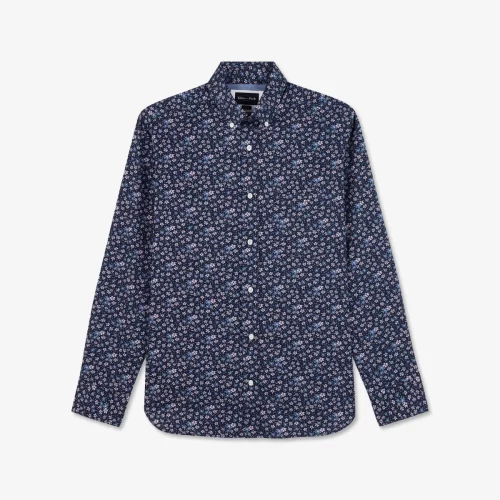 Chemise Manches Longues Sport Imprime Fleurs Bleu Fonce