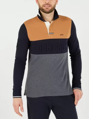 Polo Manches Longues Tricolore Logo Embosse Beige Moyen