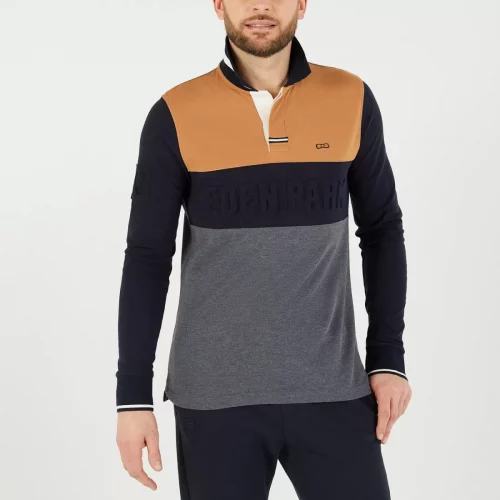 Polo Manches Longues Tricolore Logo Embosse Beige Moyen
