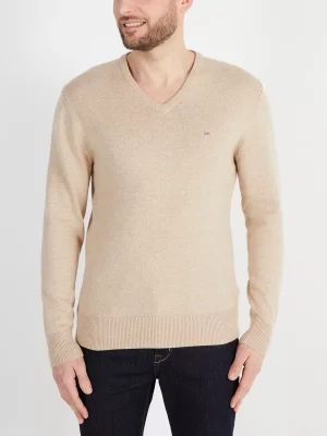 Pull Col V 111 Laine & Coton Beige Clair