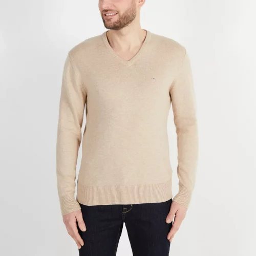 Pull Col V 111 Laine & Coton Beige Clair