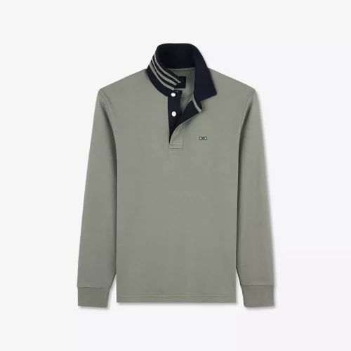 Polo Manches Longues 111 Uni Col Contraste Kaki Moyen