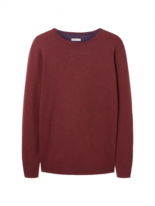 Pull Col Rond Coton Uni Rouge Fonce