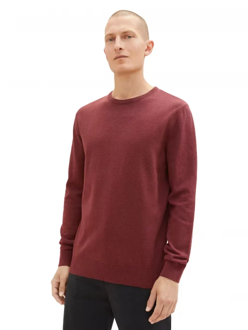 Pull Col Rond Coton Uni Rouge Fonce – Image 2