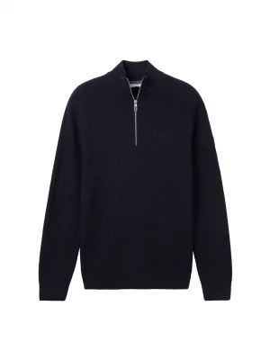 Pull Col Cheminee Cote 1*1 - 1/2 Zip Bleu Fonce