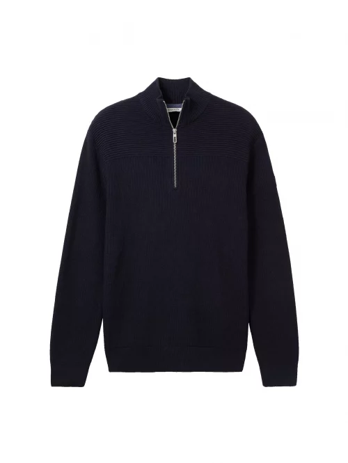 Pull Col Cheminee Cote 1*1 - 1/2 Zip Bleu Fonce