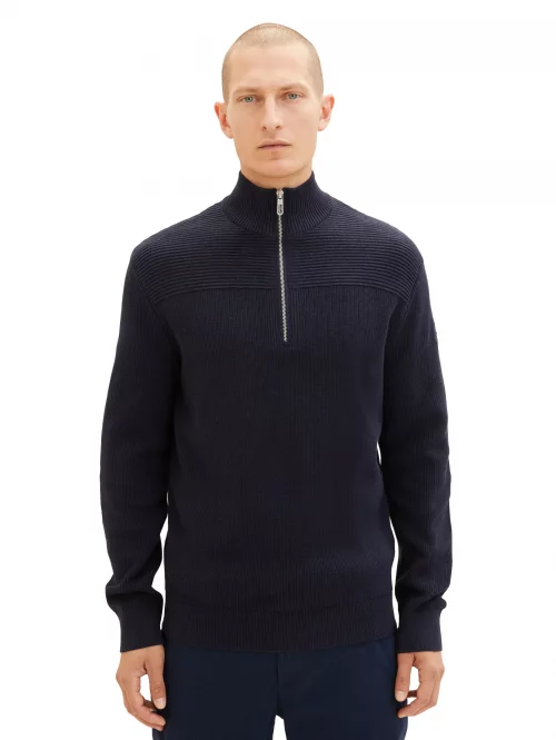 Pull Col Cheminee Cote 1*1 - 1/2 Zip Bleu Fonce – Image 2
