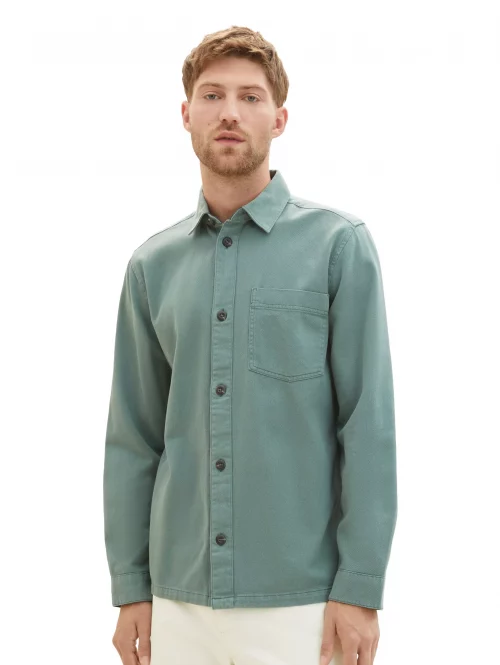 Chemise Manches Longues Sport Surchemise Gabardine Unie Vert Moyen – Image 2