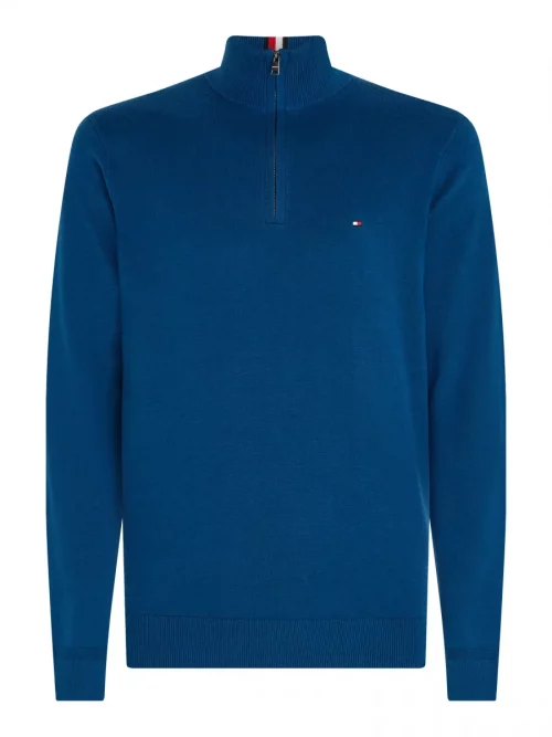 Pull Col Cheminee Coton Cash 1/2 Zip Bleu Moyen