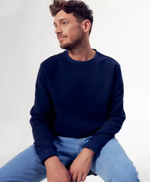 Pull Sweat  Recycle Pique Uni Bleu Fonce