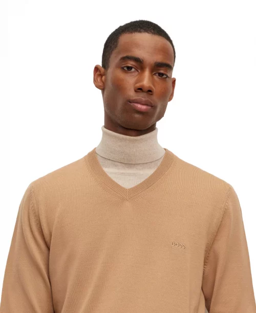Pull Col V Merinos V Uni Beige Moyen – Image 2