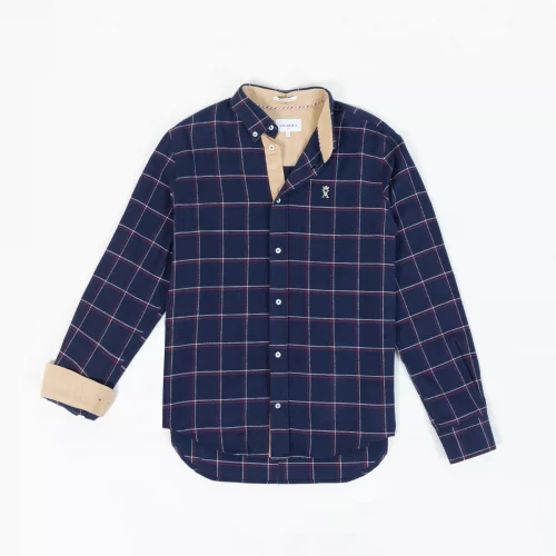 Chemise Manches Longues Sport Carreau Gratte Bleu Fonce