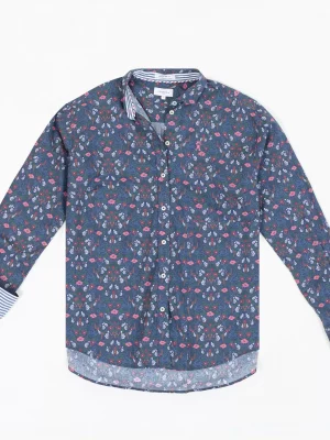 Chemise Manches Longues Sport Imprime Fleurs Bleu Fonce
