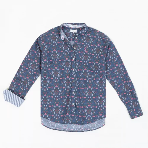 Chemise Manches Longues Sport Imprime Fleurs Bleu Fonce