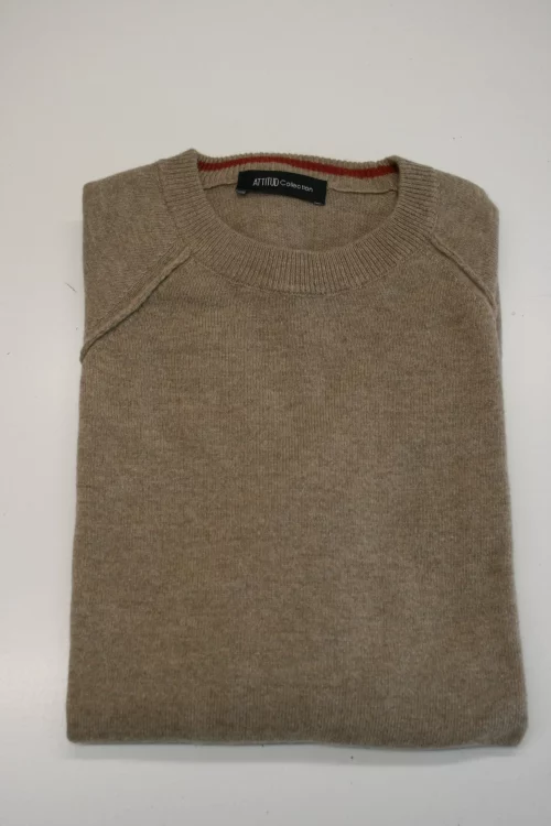 Pull Col Rond Laine & Cach Uni Beige Moyen