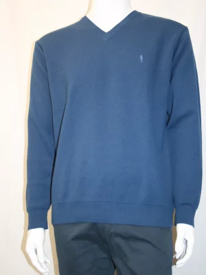 Pull Col V Maille Piquee Bleu Moyen