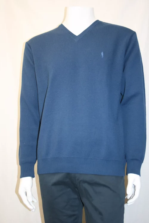 Pull Col V Maille Piquee Bleu Moyen
