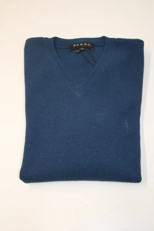 Pull Col V Maille Piquee Bleu Moyen – Image 2