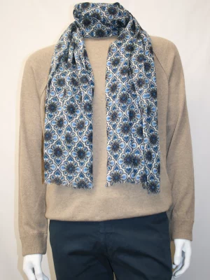 Accessoire Echarpe Laine Fleurs Bicolore Bleu Moyen