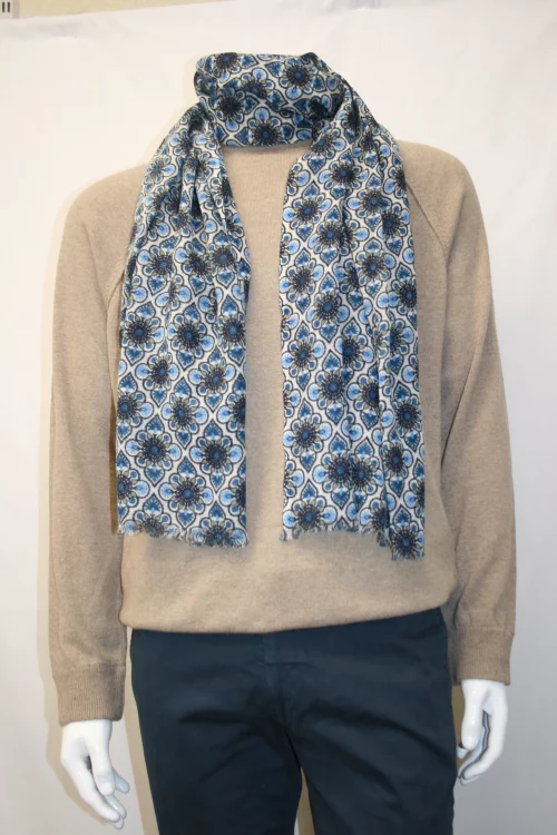 Accessoire Echarpe Laine Fleurs Bicolore Bleu Moyen