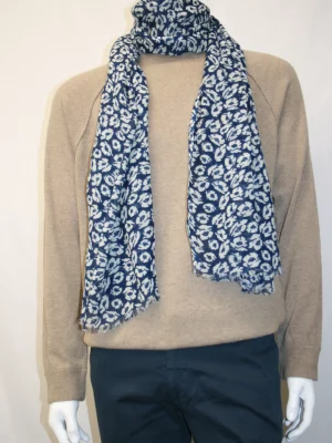 Accessoire Echarpe Laine Fleurs Marine Bleu Fonce