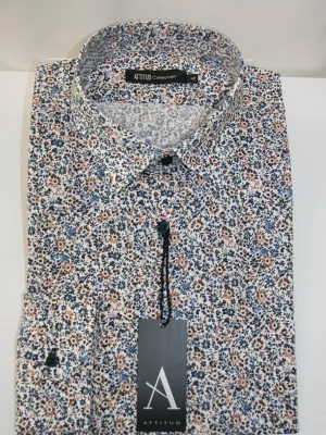 Chemise Manches Longues Ville Imprime Fleurs Modern Bleu Fonce