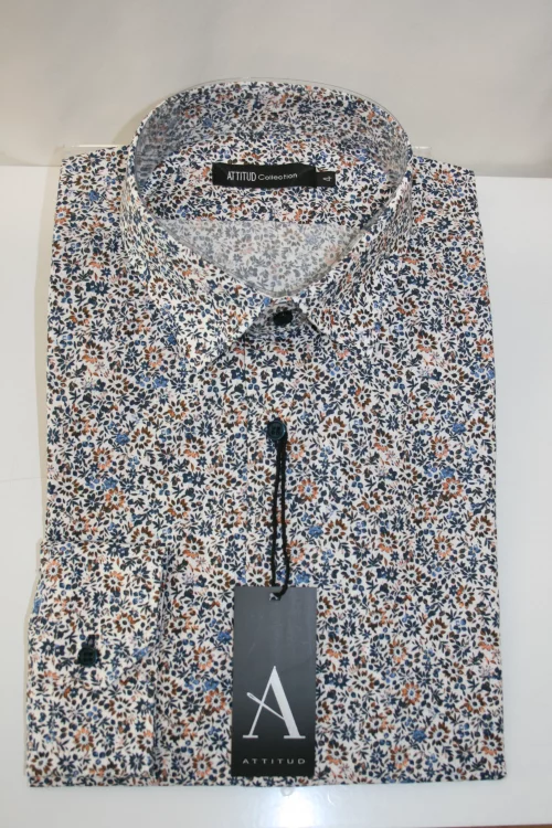 Chemise Manches Longues Ville Imprime Fleurs Modern Bleu Fonce
