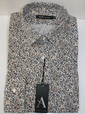 Chemise Manches Longues Ville Imprime Fleurs Modern Kaki Fonce