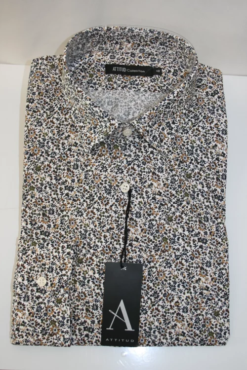 Chemise Manches Longues Ville Imprime Fleurs Modern Kaki Fonce