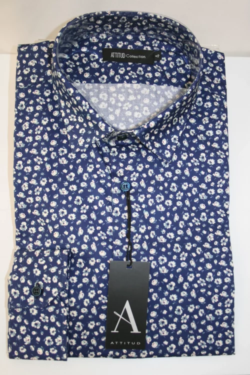Chemise Manches Longues Ville Imprime Fleurs Modern Bleu Moyen