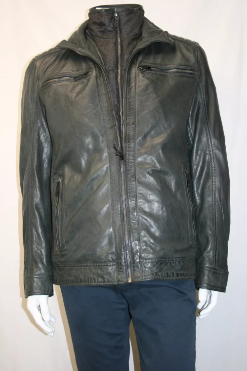 Cuir Blouson Agneau Parment Amovible Gris Fonce