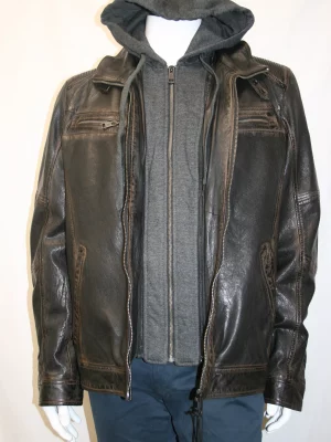 Cuir Blouson Agneau Capuche Amovible Beige Fonce