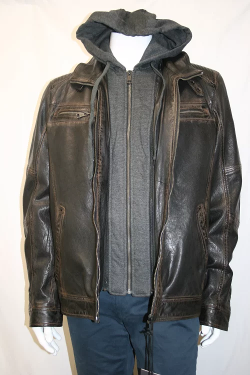 Cuir Blouson Agneau Capuche Amovible Beige Fonce
