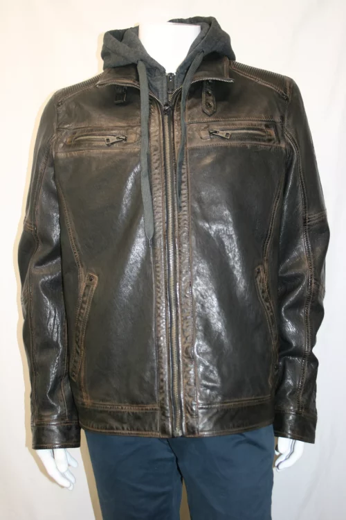 Cuir Blouson Agneau Capuche Amovible Beige Fonce – Image 2