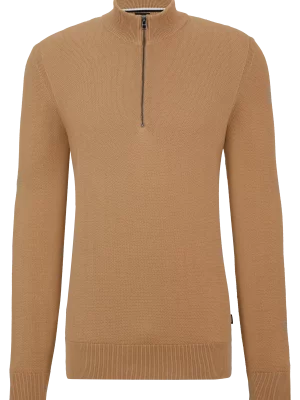 Pull Col Cheminee Tricot Fantaisie Beige Moyen