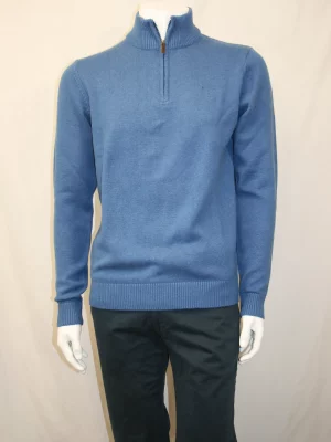 Pull Col Cheminee Coton Laine 3 Fils Bleu Moyen