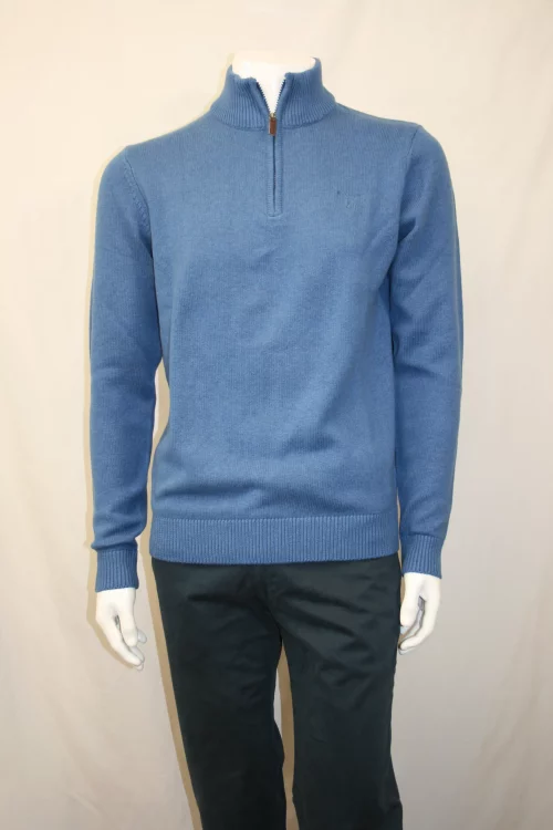 Pull Col Cheminee Coton Laine 3 Fils Bleu Moyen