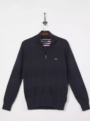 Gilet Manches Longues Bandes Tricot Bleu Fonce