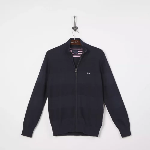Gilet Manches Longues Bandes Tricot Bleu Fonce