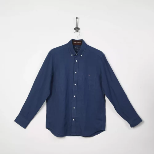 Chemise Manches Longues Sport Lin Uni Orage Bleu Moyen