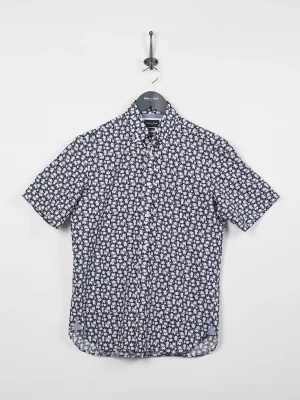 Chemise Manches Courtes Sport Imprime Fleurs Rose Bleu Fonce