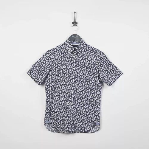 Chemise Manches Courtes Sport Imprime Fleurs Rose Bleu Fonce