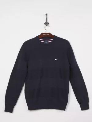 Pull Col Rond Bande Tricot Bleu Fonce