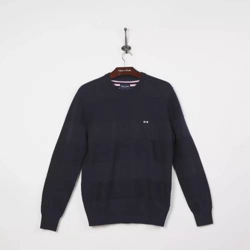 Pull Col Rond Bande Tricot Bleu Fonce