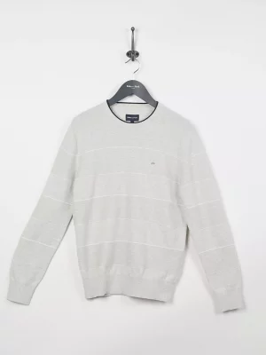 Pull Col Rond Bande Tricot Filet Blanc Gris Clair