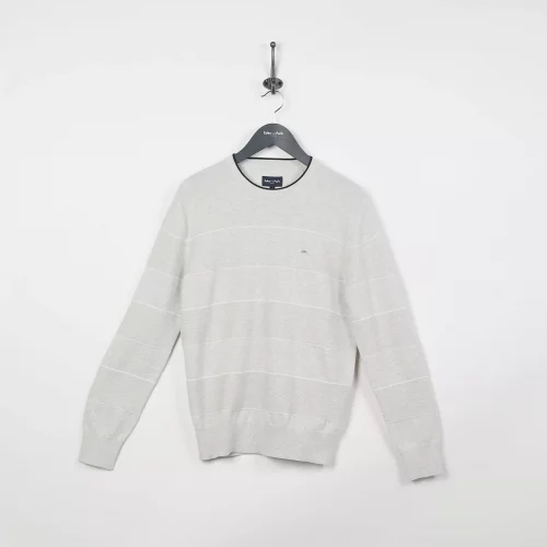 Pull Col Rond Bande Tricot Filet Blanc Gris Clair