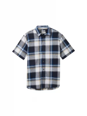 Chemise Manches Courtes Sport Lin Coton Carreau Bleu Fonce