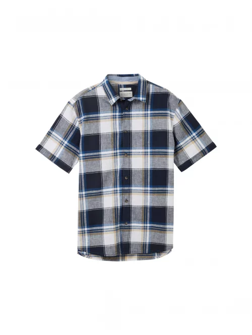 Chemise Manches Courtes Sport Lin Coton Carreau Bleu Fonce