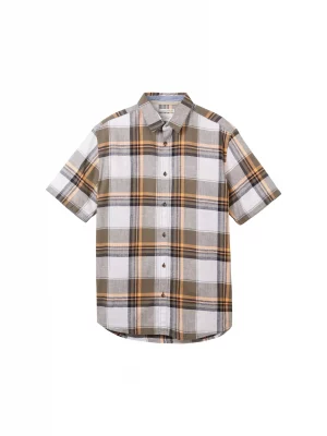 Chemise Manches Courtes Sport Lin Coton Carreau Kaki Moyen